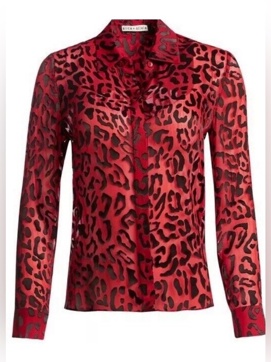 Alice + Olivia Tops - Alice + Olivia Red & Black Leopard Print Silk Blouse